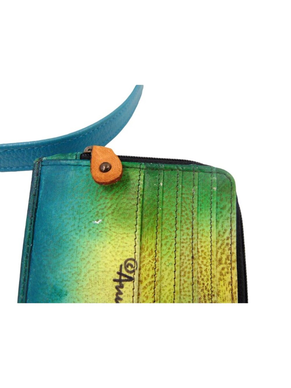 Anuschka Leather Crossbody Purse Wallet Teal Blue Feather Peacock Hand Painted - Picture 15 of 16